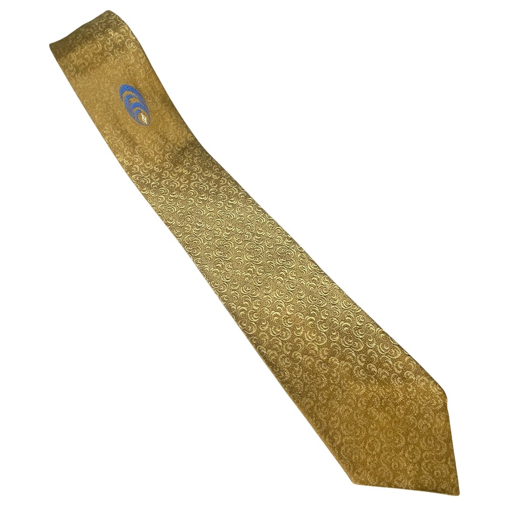 VTG Wembley Silk Necktie‎ Mens Gold Metallic Swirl Jacquard MCM Retro  55x3